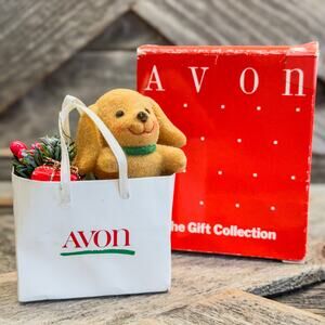 Avon Holiday Friend Dog In A Shopping Bag-Vintage Christmas Ornament-w Box-3.25"